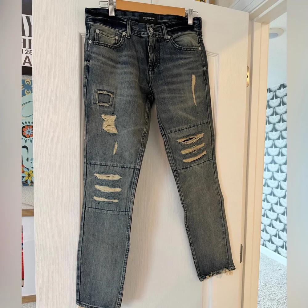 PacSun Stacked Skinny Vertical Stretch Distressed Blue Jeans size 29x30
